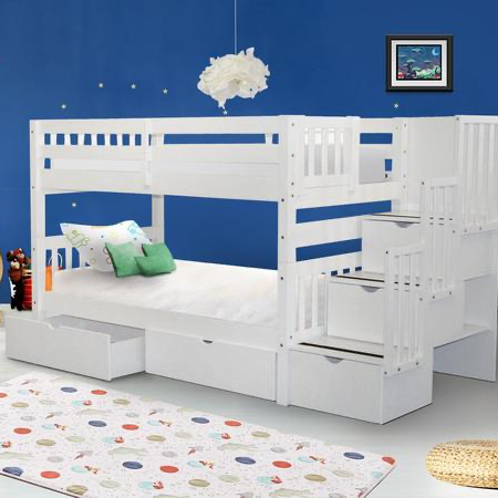 Bedz King Stairway Bunk Beds Twin over Twin with 3 Drawers