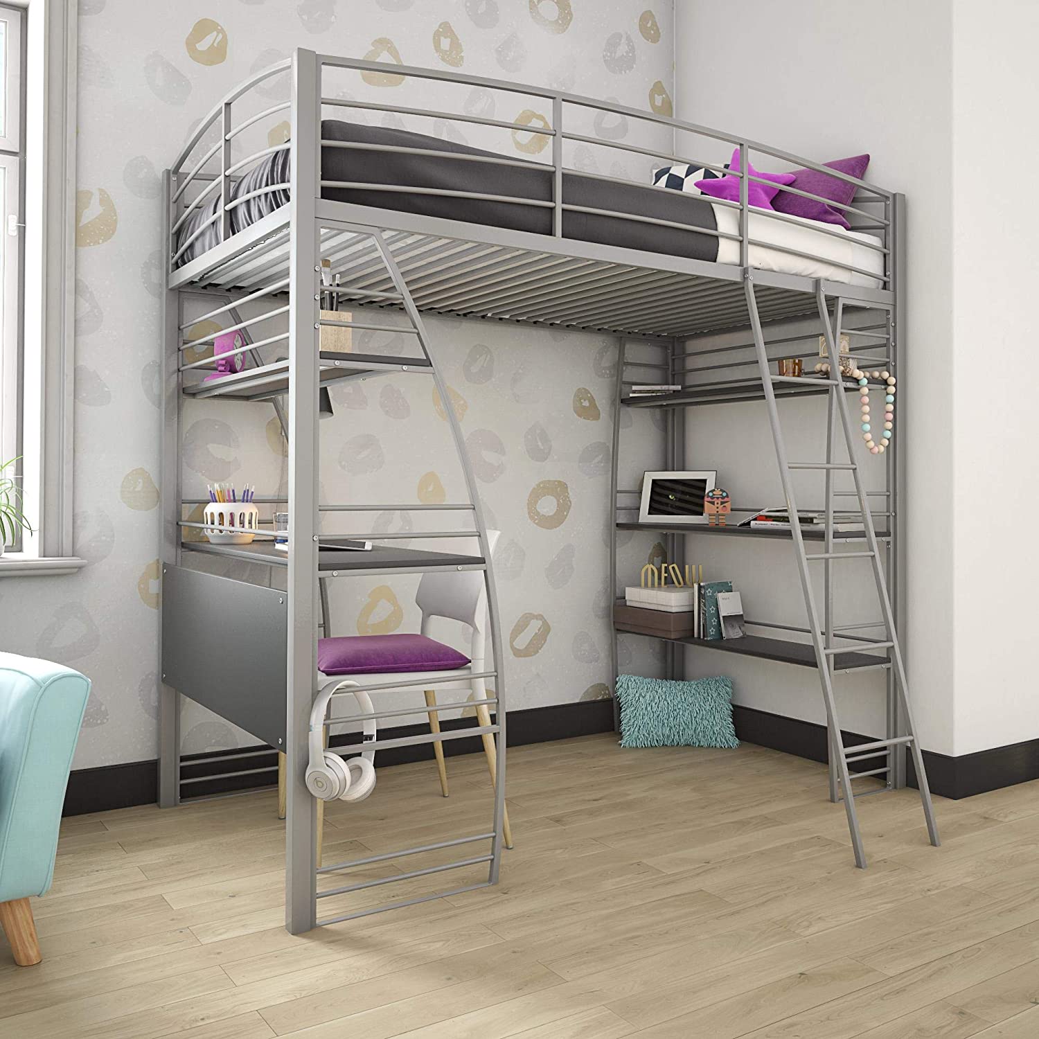 DHP Studio Loft Bunk Bed Over Desk and Bookcase with Metal Frame - Twin
